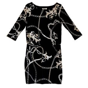 WHBM Dress Black Cream Floral Pearl Print 3/4 Sleeve Shift Blouson Dress Size XS